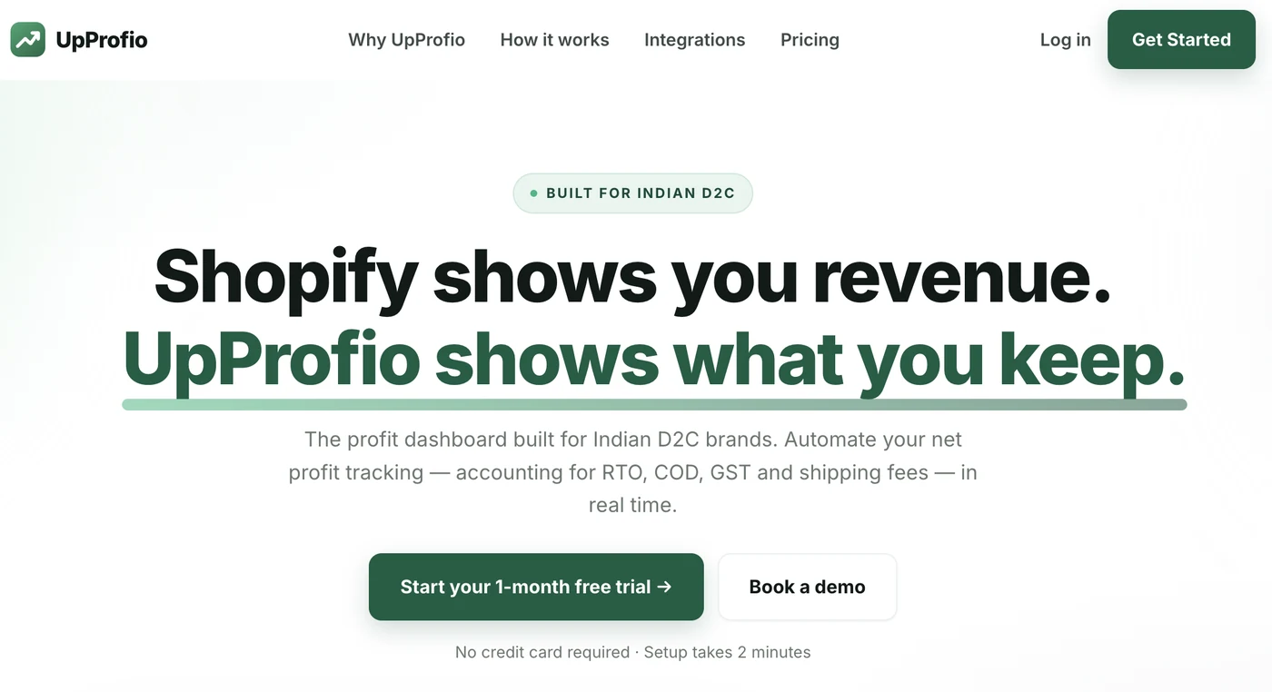 UpProfio dashboard - Shopify profit analytics showing true net profit for D2C brands